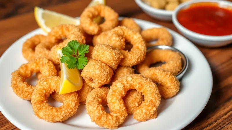 Crispy air fryer calamari rings with lemon wedges