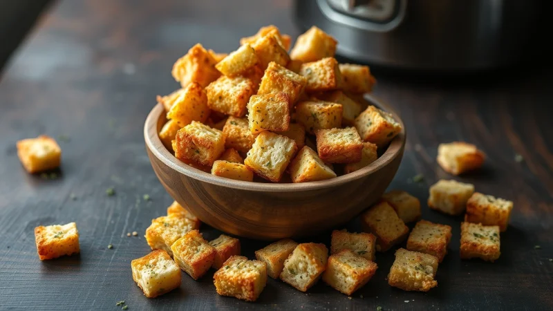 Golden crispy air fryer croutons in a bowl
