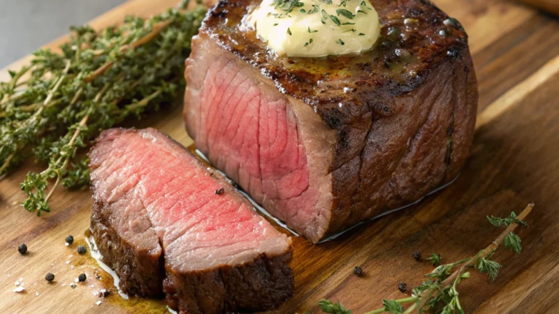 Perfectly seared filet mignon cooked in an air fryer with herbs