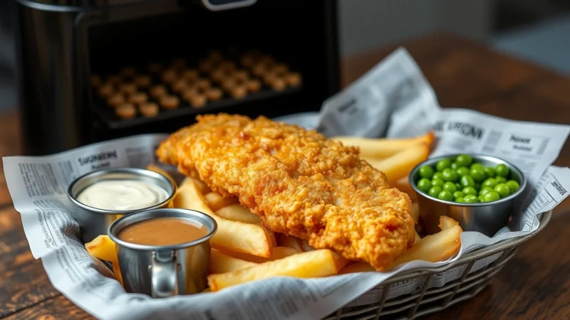 Golden air fryer fish and chips with mushy peas
