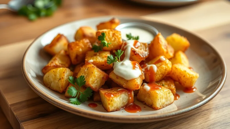 Crispy air fryer patatas bravas with brava sauce and aioli