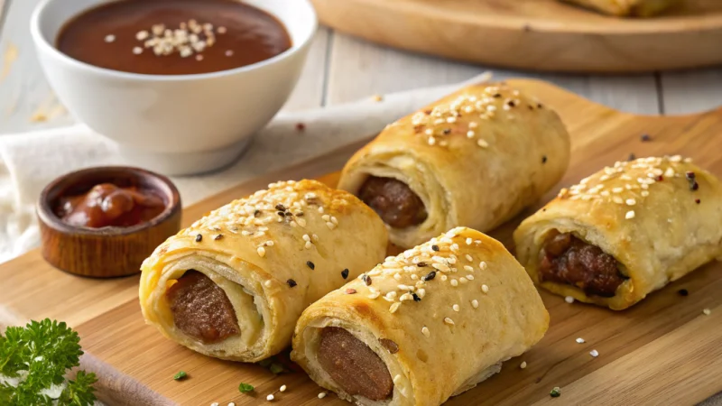 Golden flaky air fryer sausage rolls on a baking tray