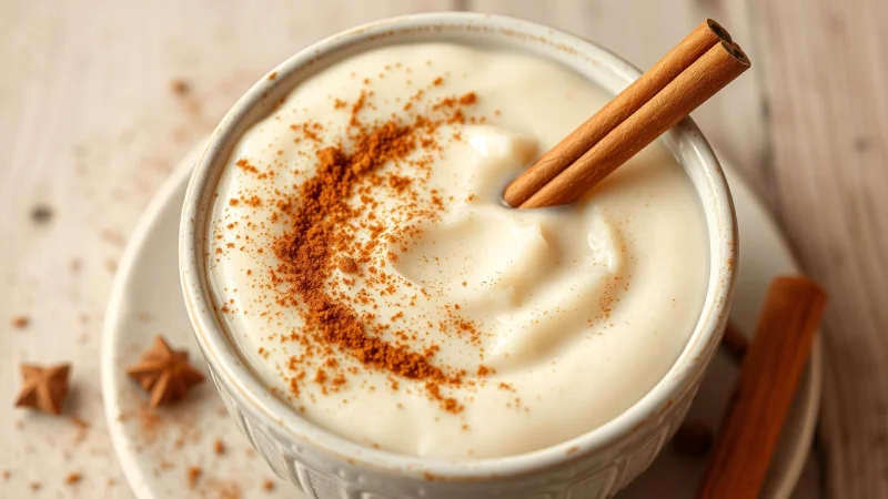 Creamy arroz con leche with cinnamon dusting in a ceramic bowl