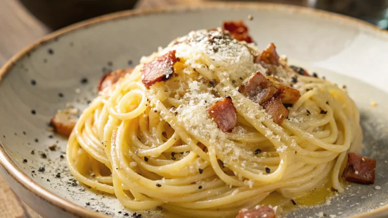 Authentic spaghetti carbonara with guanciale and Pecorino Romano