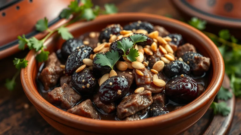 Moroccan beef tagine with prunes and almonds in a clay tagine