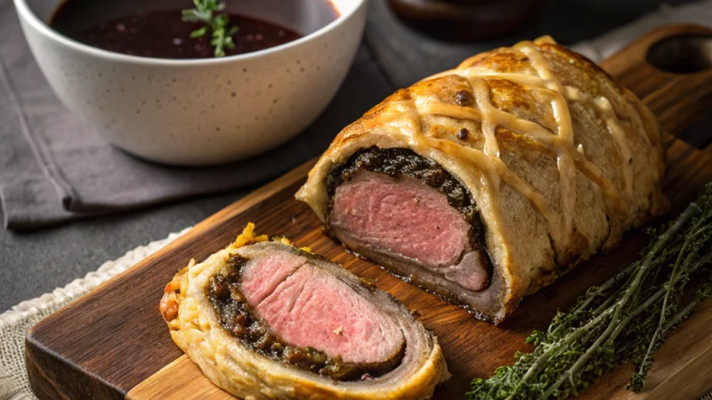 Sliced beef wellington revealing pink centre with mushroom duxelles and pastry
