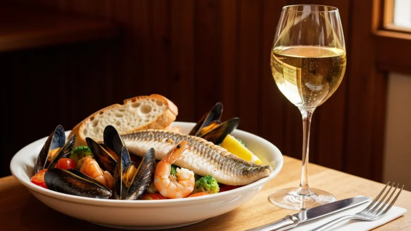 Traditional bouillabaisse seafood stew with fish, mussels, and shrimp in saffron broth