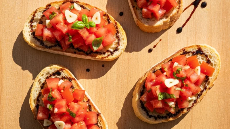 Classic bruschetta al pomodoro with fresh diced tomatoes and basil on grilled bread