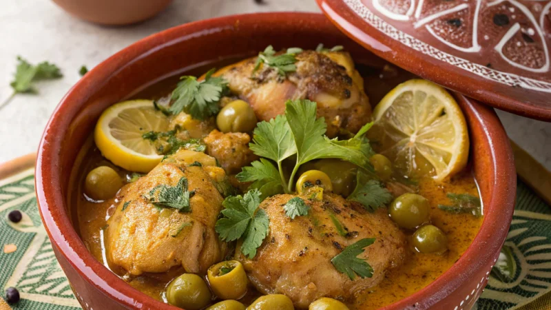 Chicken tagine with preserved lemons and green olives in a traditional clay pot