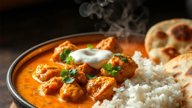 Creamy chicken tikka masala with rice and naan bread