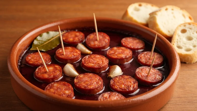 Chorizo al vino simmering in red wine in a rustic clay dish