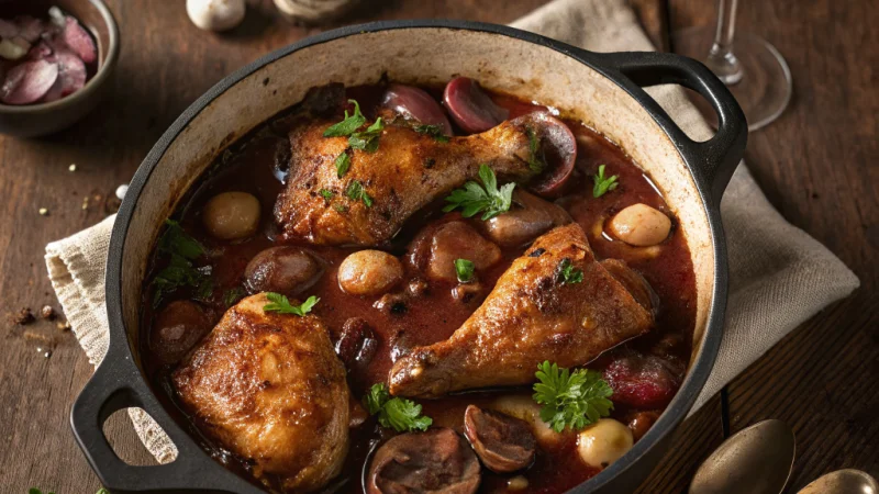 Coq au vin with chicken, mushrooms and pearl onions in rich red wine sauce