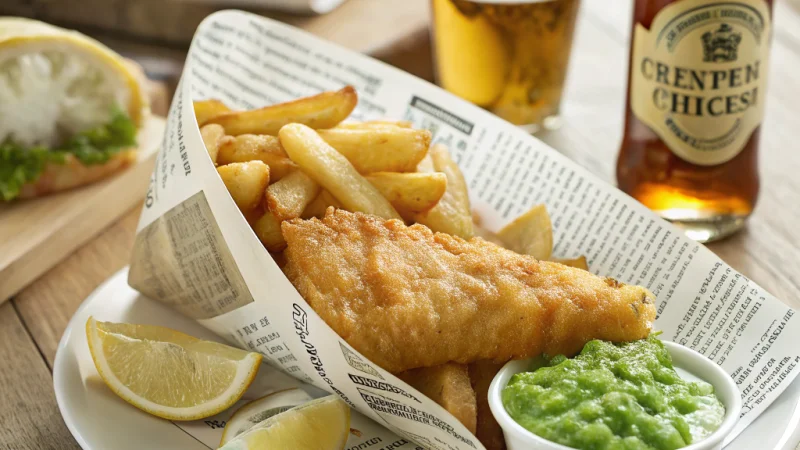 Crispy battered fish and golden thick-cut chips with mushy peas and lemon