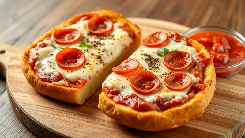Crispy French bread pizza halves in an air fryer basket