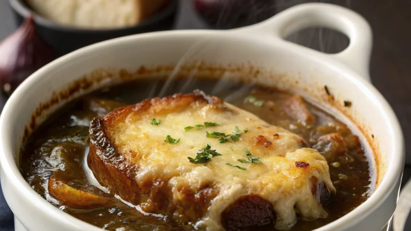 Classic French onion soup with melted Gruyère cheese crouton