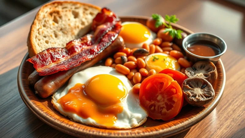 Full English breakfast with bacon, eggs, sausages, beans, and toast