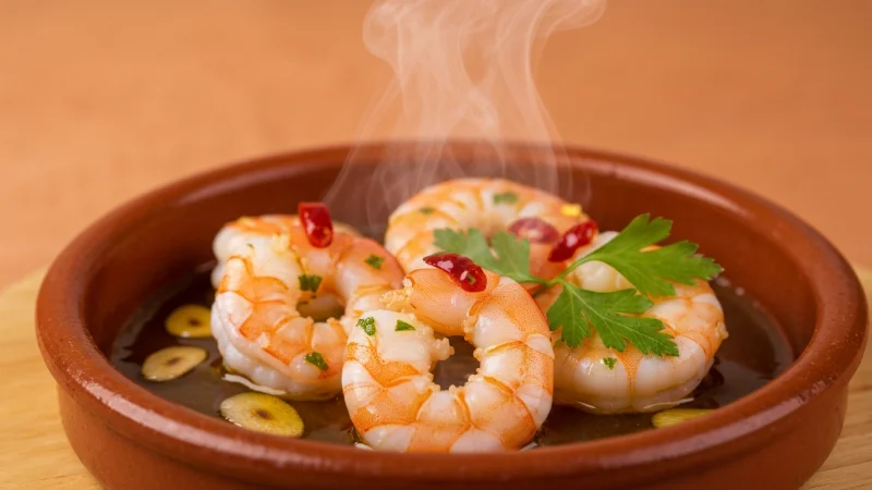 Gambas al ajillo with sizzling shrimp in garlic olive oil with chili flakes