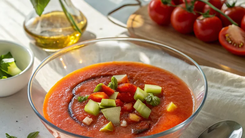 Bowl of vibrant red gazpacho andaluz with diced vegetable garnish and croutons