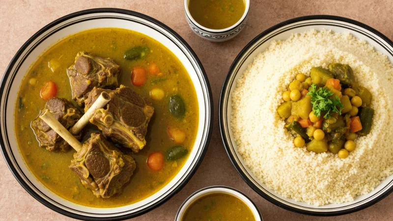 Moroccan lamb couscous with seven vegetables in a decorative bowl
