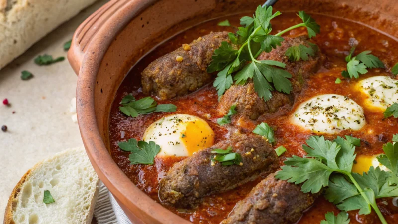 Lamb kefta meatballs in spiced tomato sauce with poached eggs in a tagine