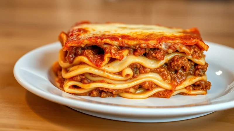 Slice of classic lasagna bolognese with layers visible