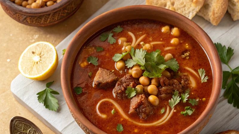 Bowl of Moroccan harira soup topped with fresh herbs and a lemon wedge