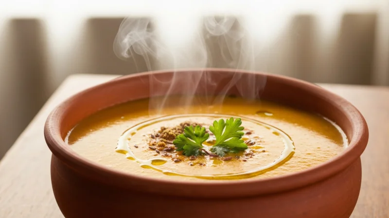 Bowl of Moroccan lentil soup topped with fresh herbs and a drizzle of olive oil