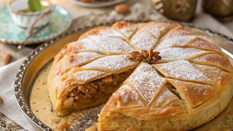 Golden Moroccan pastilla dusted with powdered sugar and cinnamon on a decorative plate
