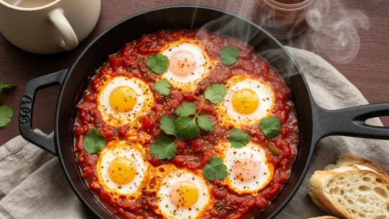 Moroccan shakshuka with poached eggs in spiced tomato sauce in a cast iron skillet