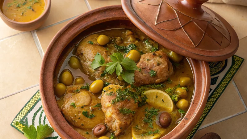 Moroccan chicken tagine with olives and preserved lemons served in a traditional tagine pot