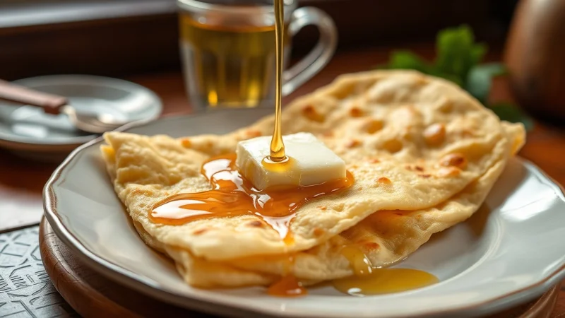 Golden flaky msemen Moroccan flatbread drizzled with honey