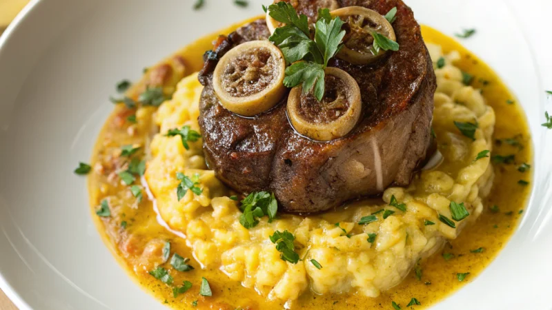 Braised osso buco veal shanks with gremolata and rich sauce on a white plate