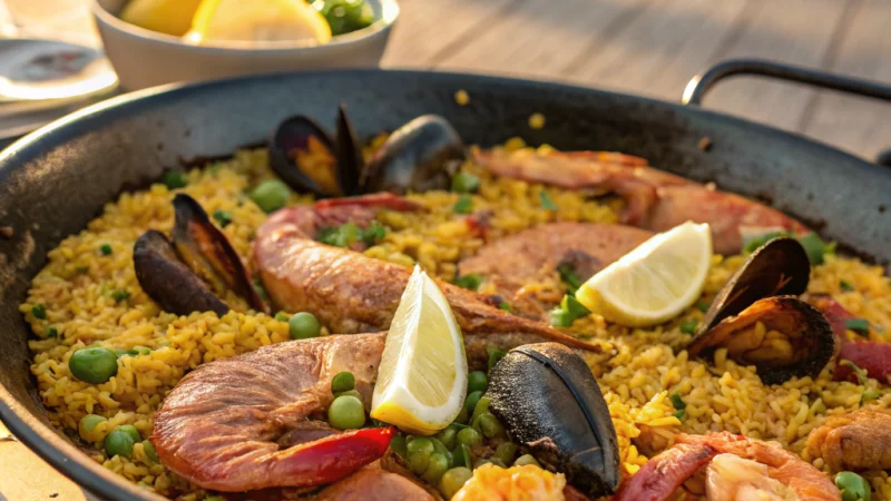 Authentic Valencian paella with chicken, seafood, and lemon wedges in a traditional paella pan