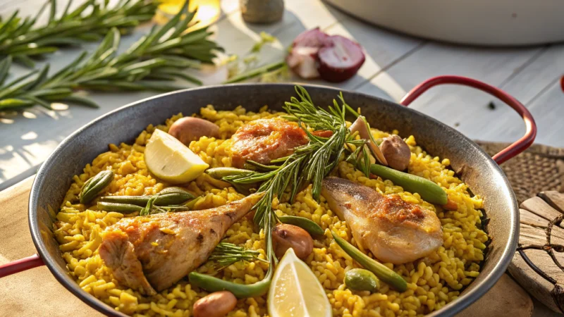 Traditional paella valenciana with chicken, rabbit and saffron rice in a wide pan