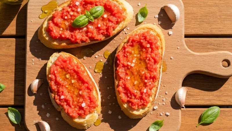 Rustic pan con tomate with grated tomatoes and olive oil on crusty bread