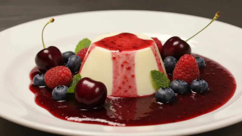 Elegant panna cotta with a vibrant red berry coulis topping