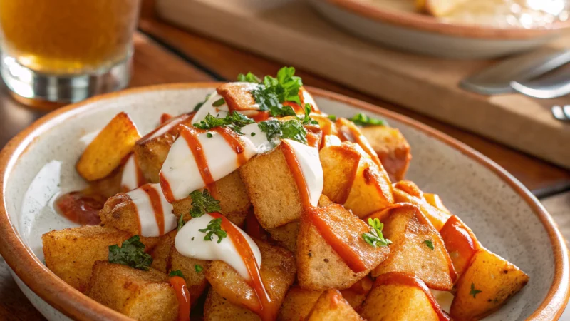Crispy patatas bravas drizzled with spicy red bravas sauce and white garlic aioli