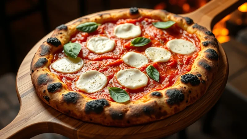 Authentic Neapolitan pizza margherita with basil leaves