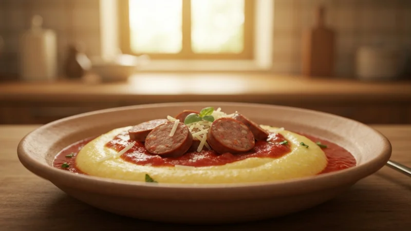 Creamy polenta topped with Italian sausages in rich tomato sauce