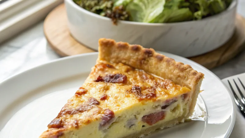 Golden quiche Lorraine with bacon and creamy custard filling sliced on a wooden board