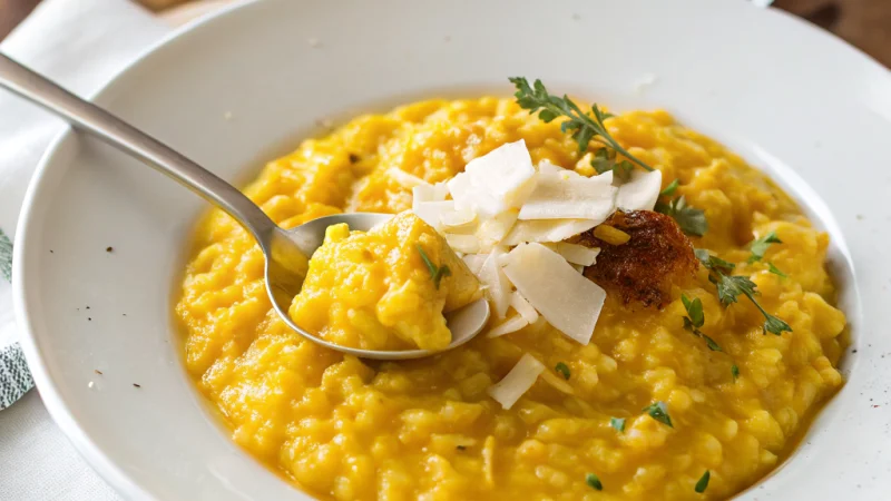 Golden risotto alla Milanese with saffron and Parmigiano in a shallow bowl