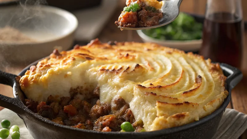 Golden shepherd's pie with creamy mashed potato topping and savory lamb filling