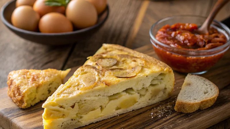 Golden Spanish tortilla española sliced open showing layers of potato and egg