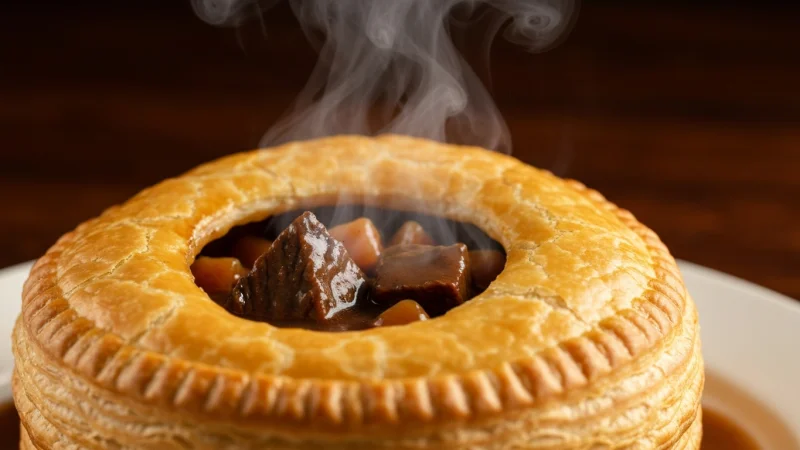 Steak and kidney pie with golden flaky pastry on a rustic plate
