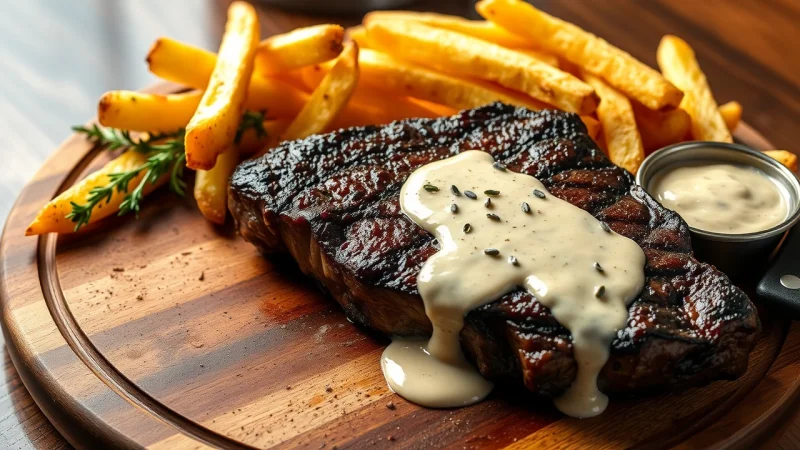 Perfectly seared steak frites with peppercorn sauce on a wooden board