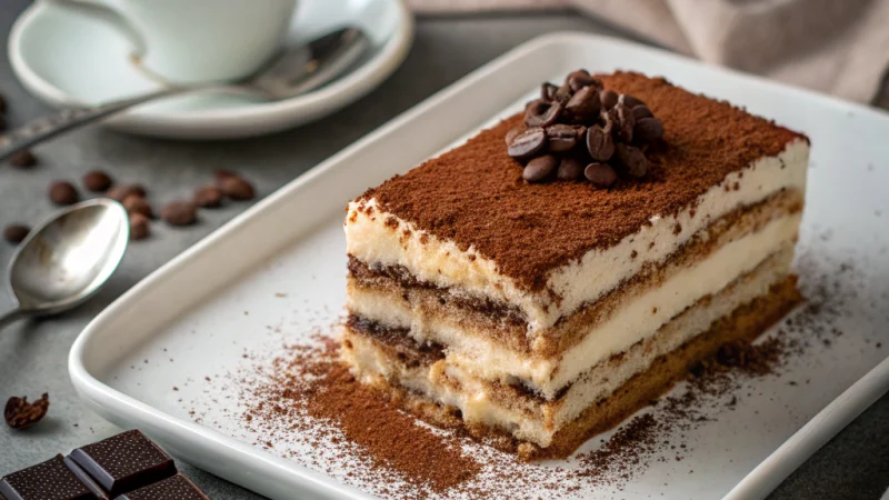 Classic Italian tiramisu with layers of mascarpone cream and cocoa dusting