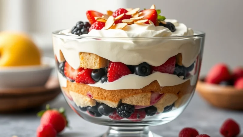Layered English trifle in a glass bowl with cream and berries