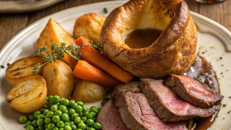 Puffy golden Yorkshire puddings with sliced roast beef and rich gravy